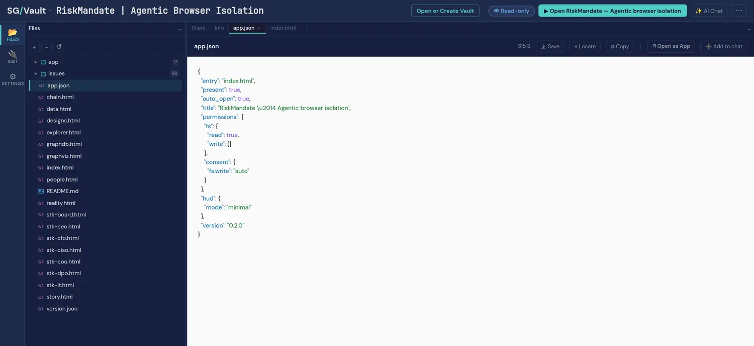 app.json: read true, write [] — the app requests no write capability at all.