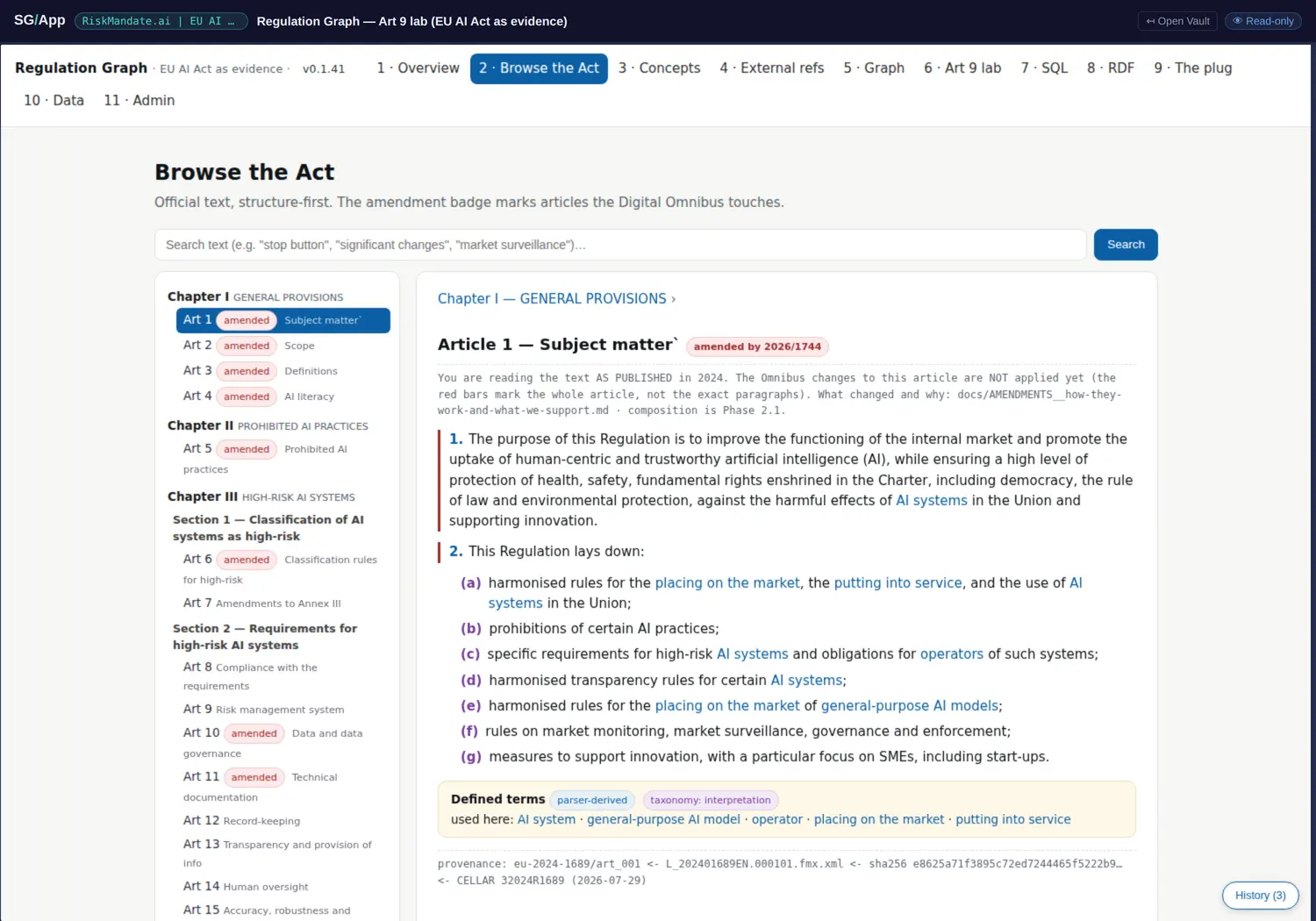 Per-node provenance footers, and search over the parsed text.
