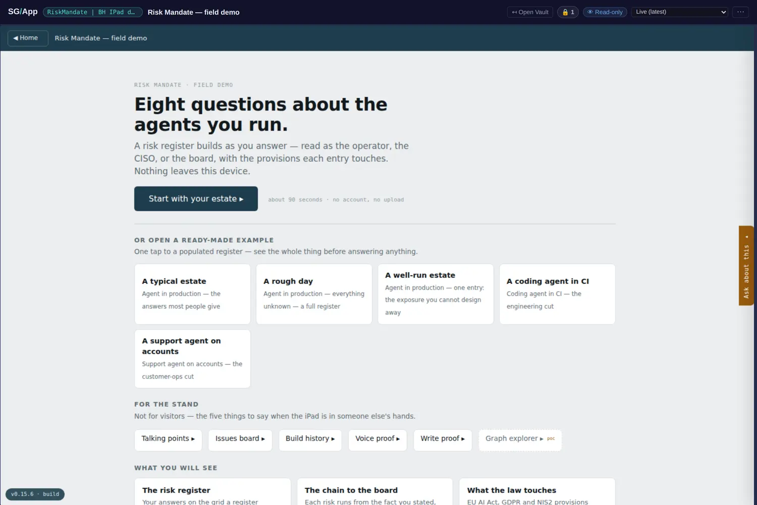 The app as it opens from the published read key: scenarios, presets, and a version chip.