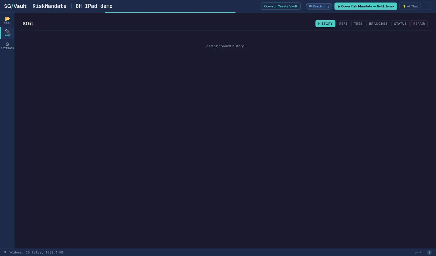 The SGit view: 98 commits of a real project, read with a published read key.