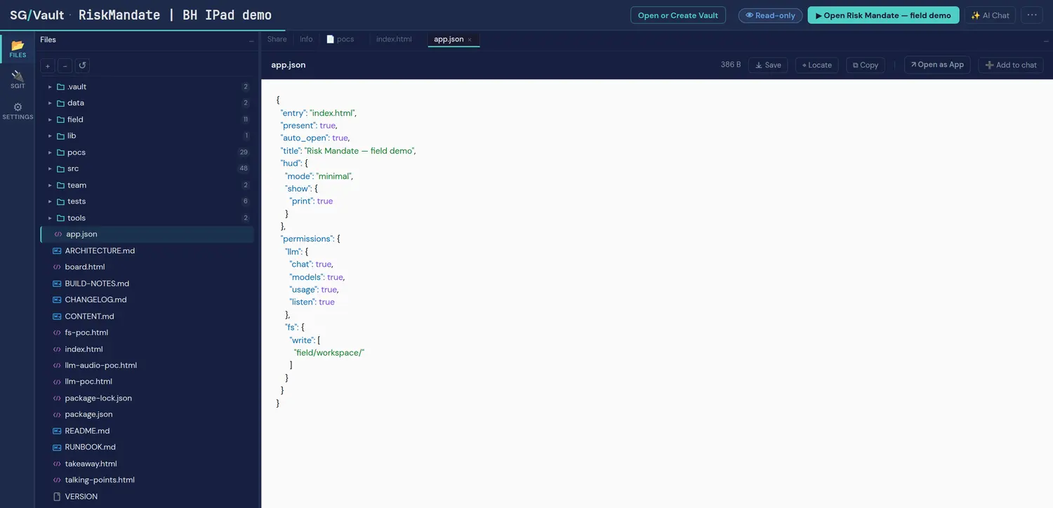 app.json: LLM use granted, the key withheld, and write scoped to one folder.