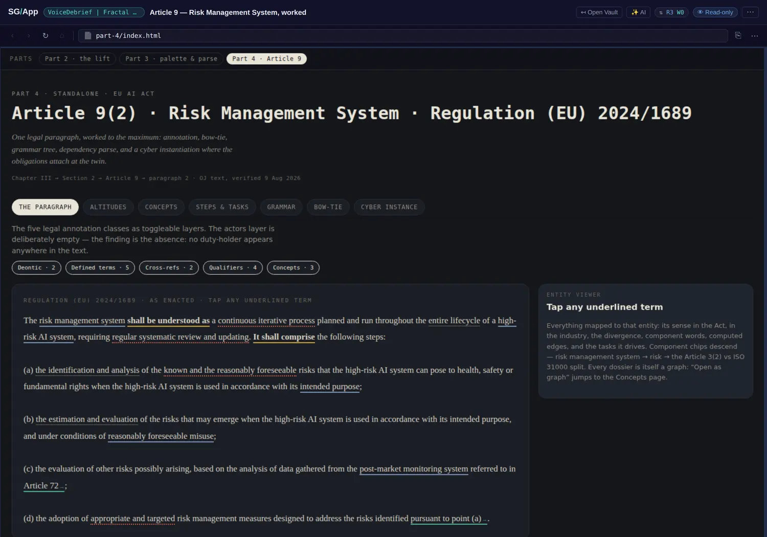 The vault auto-opens four folders deep, at part-4/index.html, badged Read-only and R3 W0.